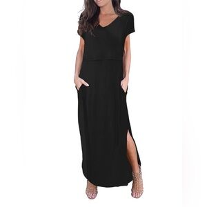 Maternity/Nursing Black V-Neck Short Sleeve Maxi Dress with Side Slit